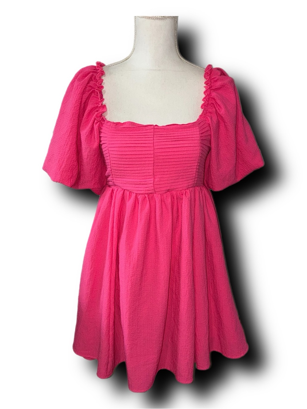 Ces Femme Hot Pink Puff Sleeve Square Neck Cottagecore Barbiecore Mini Dress